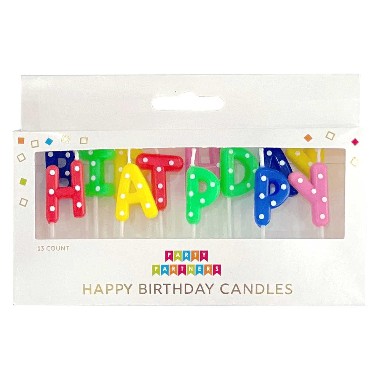 Colorful rainbow dotted birthday candle set by Party Partners, featuring vibrant candles perfect for celebrating special occasions.